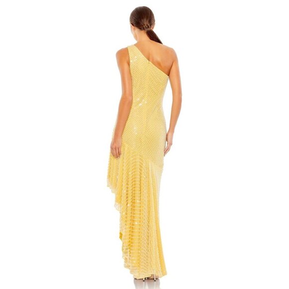 MAC DUGGAL Imitation Pearl One-Shoulder Asymmetric Gown in Yellow Size US 6 - Picture 2 of 8